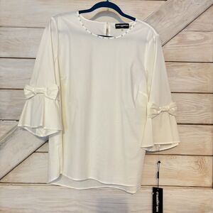 Karl Lagerfeld Pearl Beaded Top  White Bow Tie Sleeves Beautiful NWT